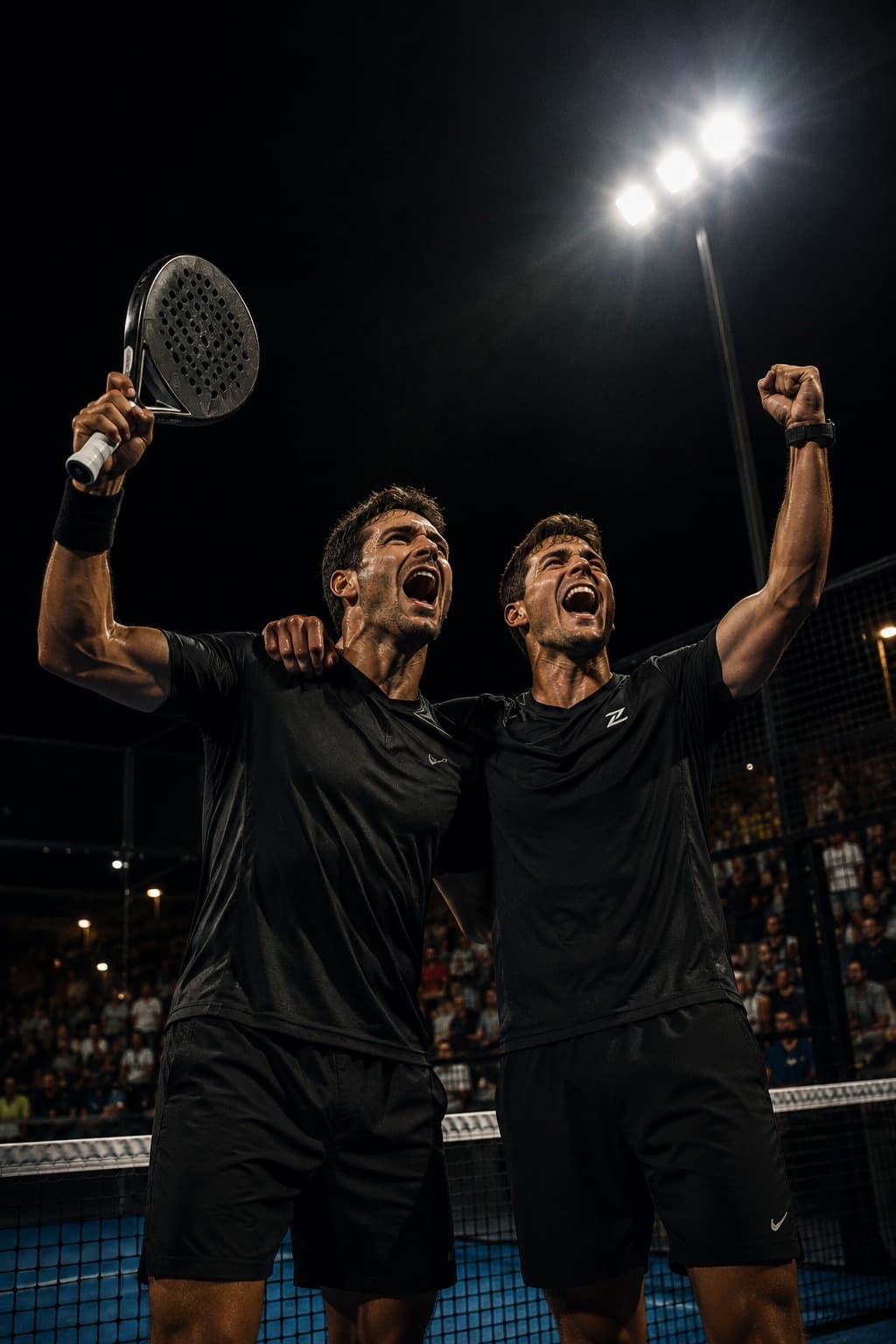 Pareja celebrando un campeonato bajo los reflectores