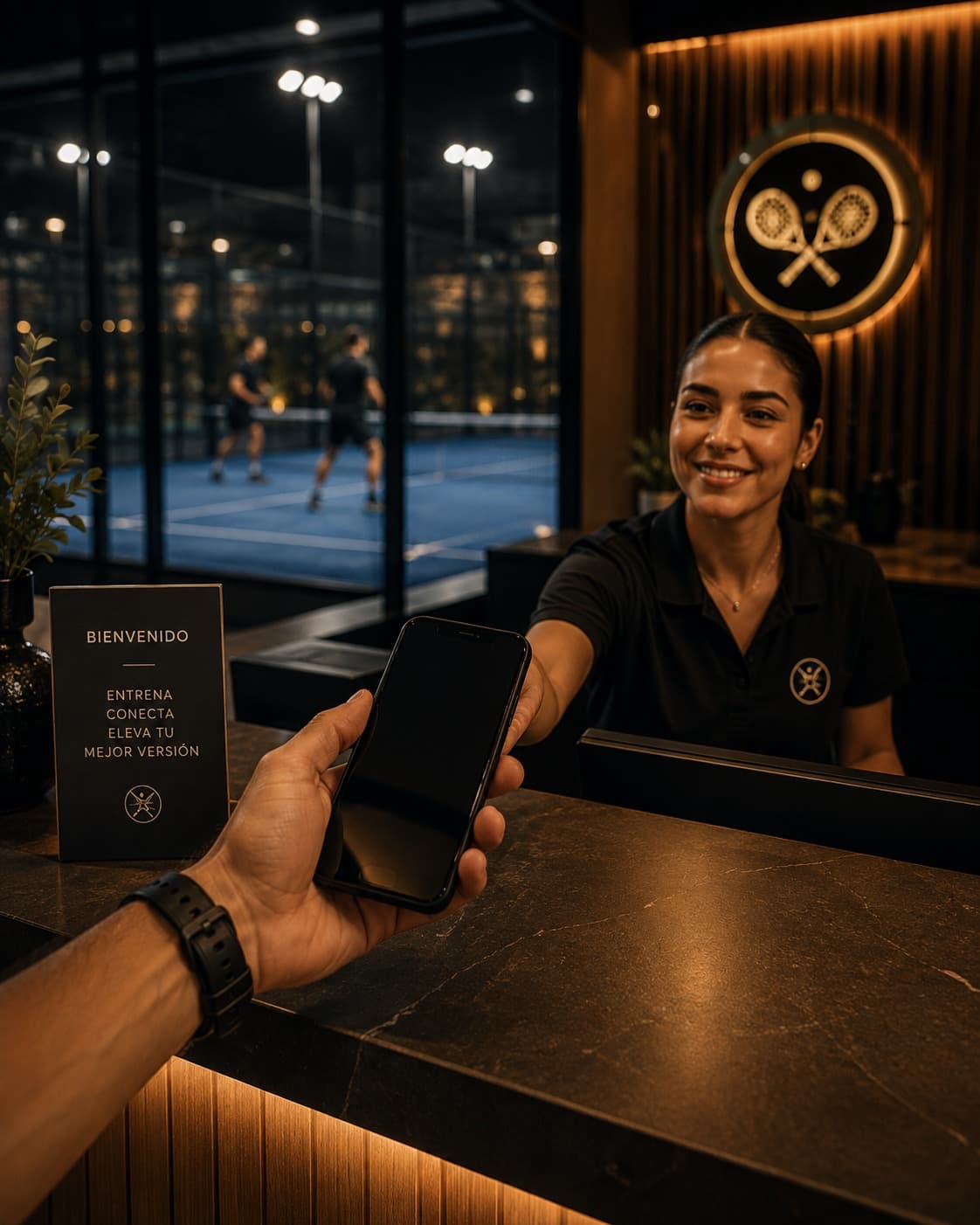 Jugador mostrando su teléfono en la recepción de un club