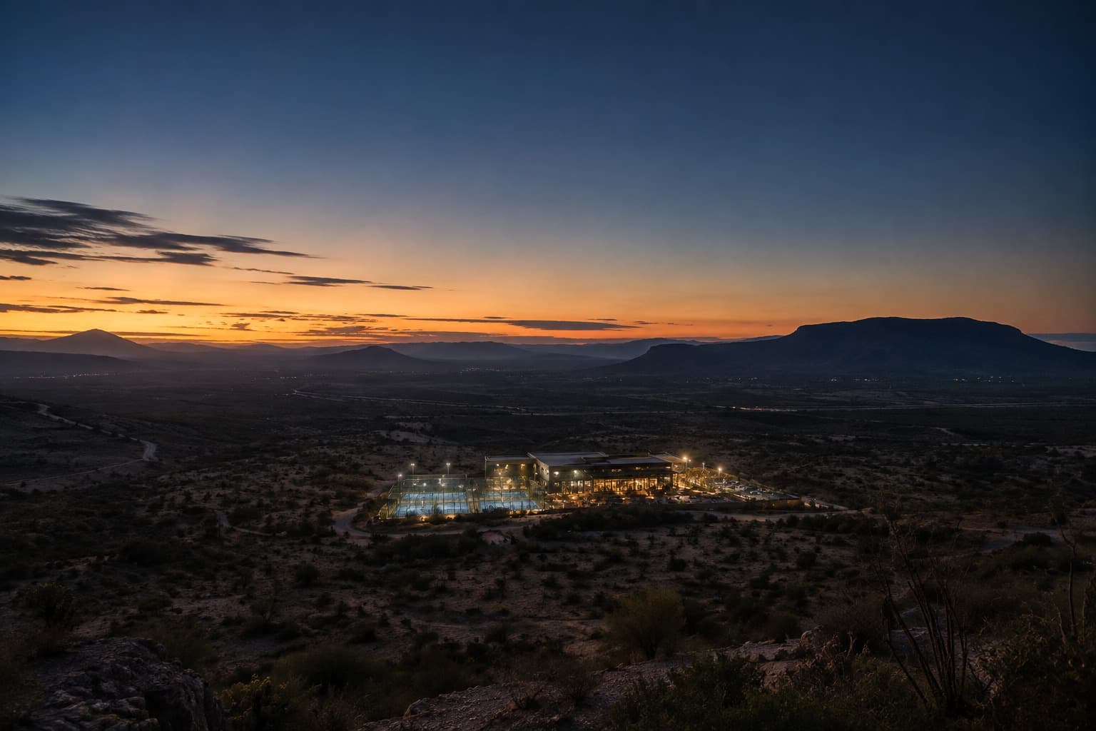 El semidesierto de Coahuila al anochecer, con un club de pádel iluminado a lo lejos