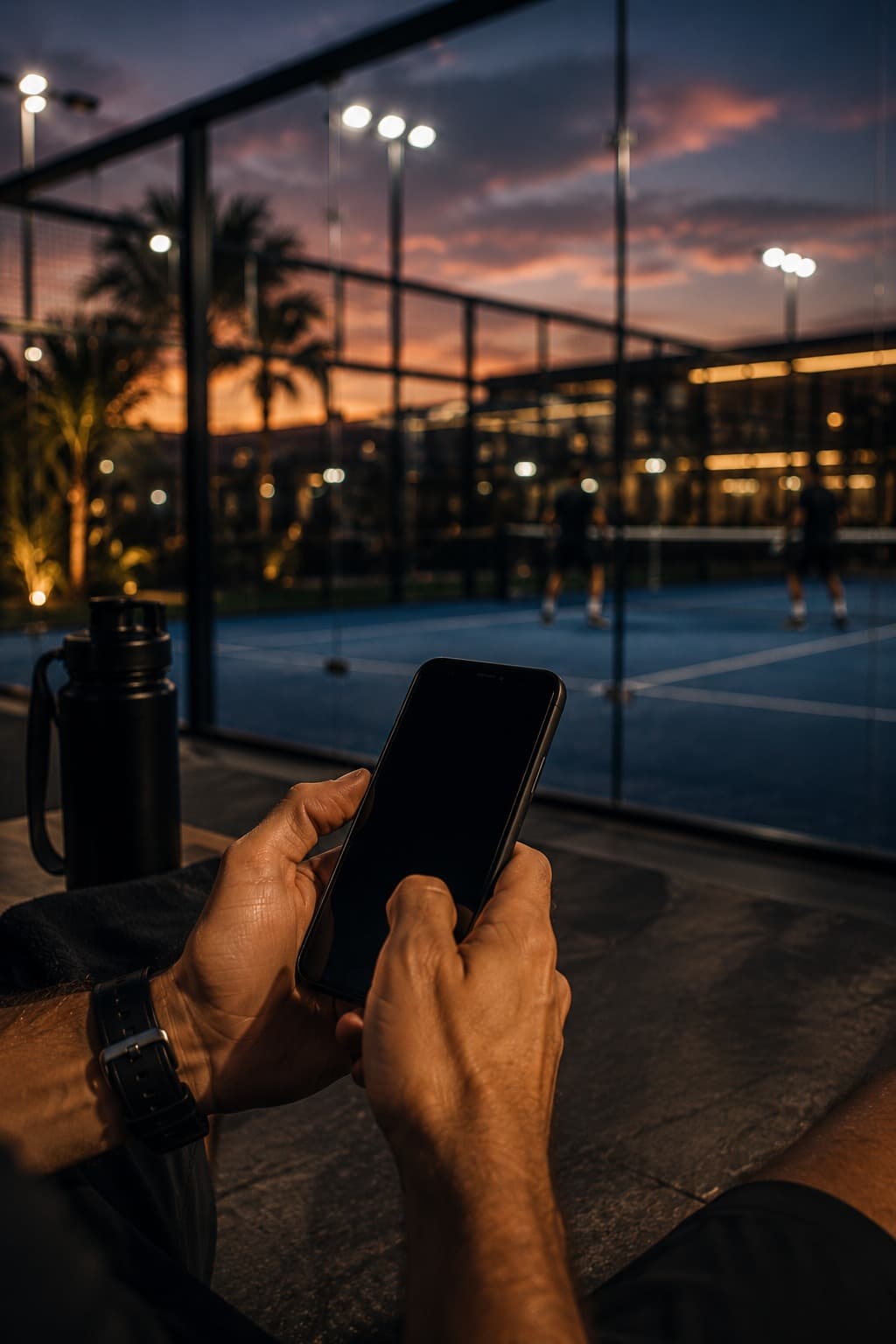 Jugador revisando su teléfono junto a la cancha al atardecer